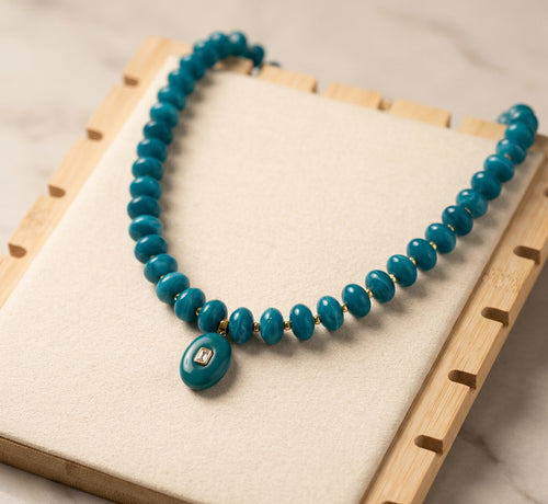 Aegean Blue Statement Beaded Necklace with Center Pendant