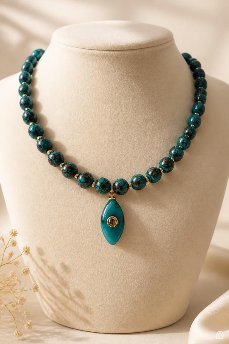 Deep Teal Turquoise Gemstone Beaded Charm Necklace
