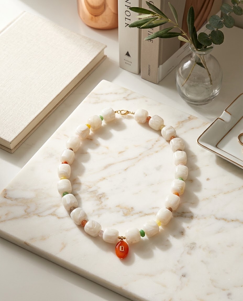 Celestial Selenite & Carnelian Statement Necklace with Multicolored Accents