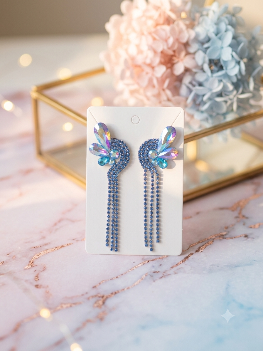 Iridescent Crystal Butterfly Wing & Blue Rhinestone Fringe Statement Earrings