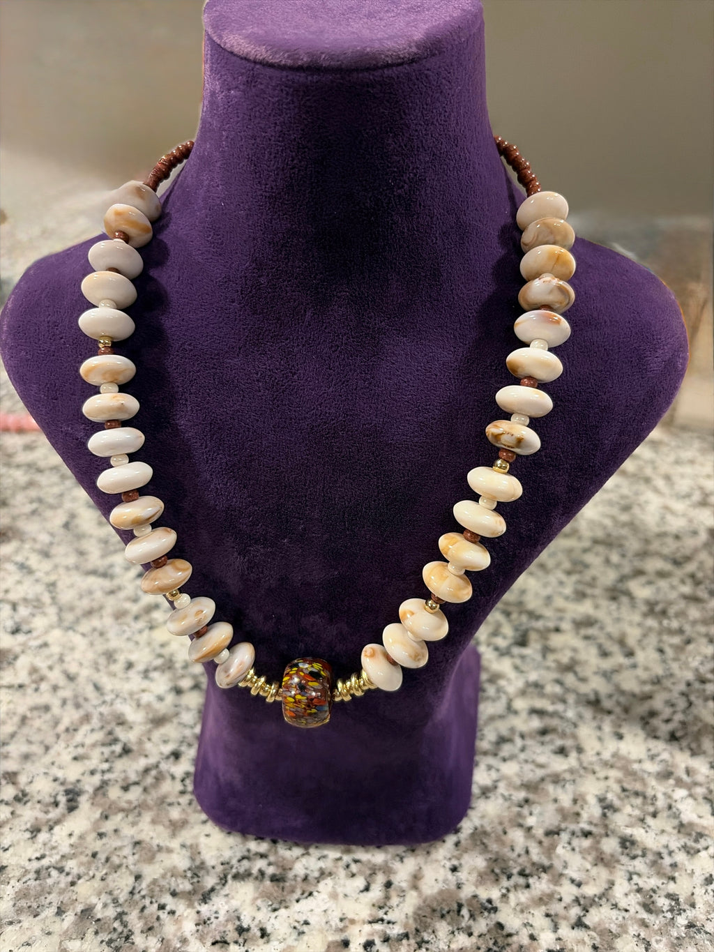 Artisan Earth Tone Disk Bead Necklace with Murano-Style Glass Focal