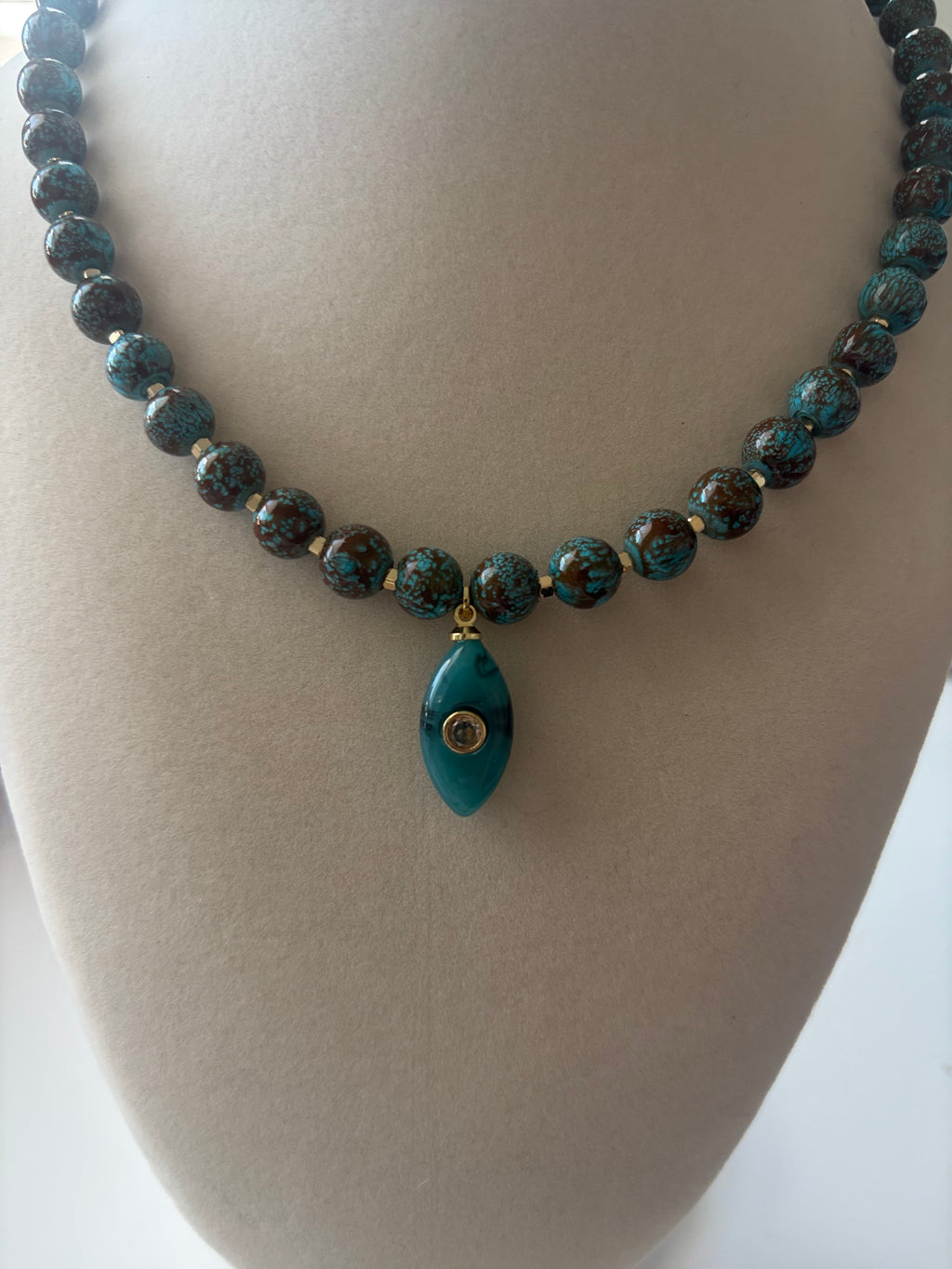 Deep Teal Turquoise Gemstone Beaded Charm Necklace