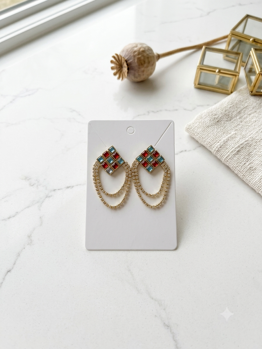 Gold Mosaic Diamond & Double Fringe Rhinestone Earrings