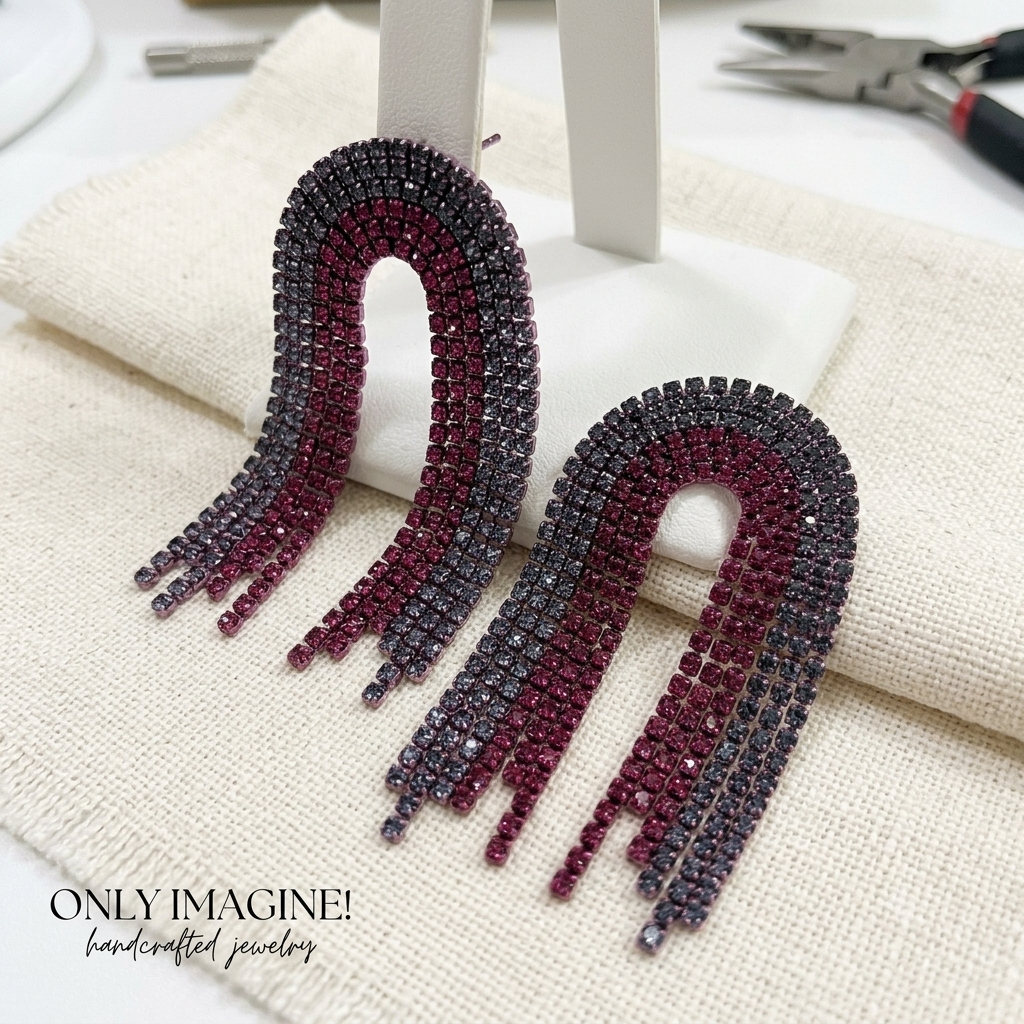 Midnight Berry Rhinestone Fringe Arch Earrings | Handcrafted Statement Jewelry