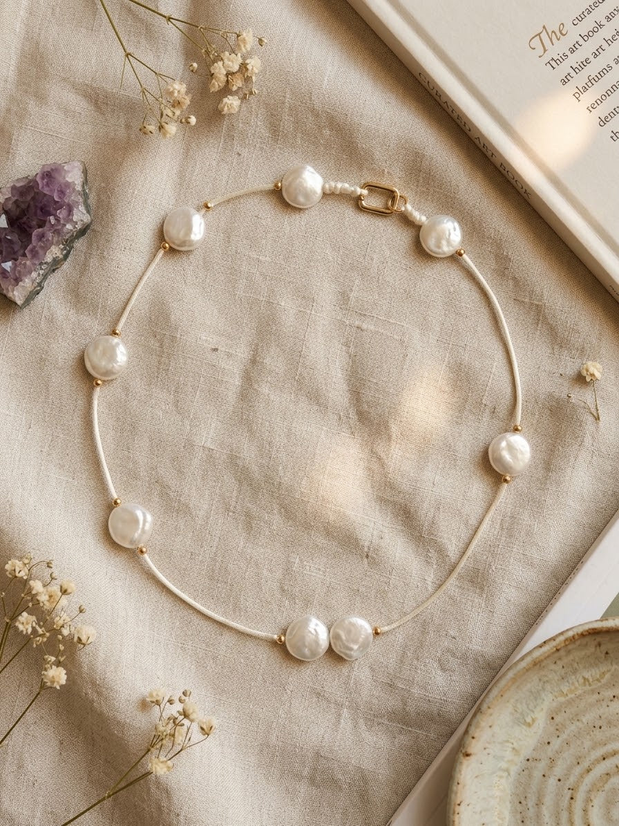 Luminous Coin Pearl Station Necklace on Cream Cord with Gold Accents