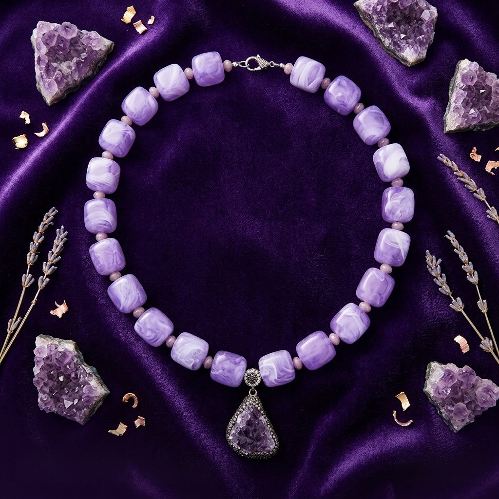 Royal Amethyst Statement Necklace with Swirled Purple Stone Beads
