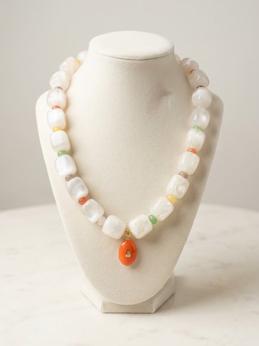 Celestial Selenite & Carnelian Statement Necklace with Multicolored Accents