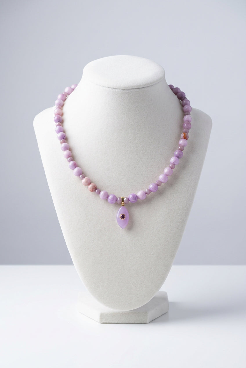 Lavender Jade Beaded Necklace with Marquise Charm