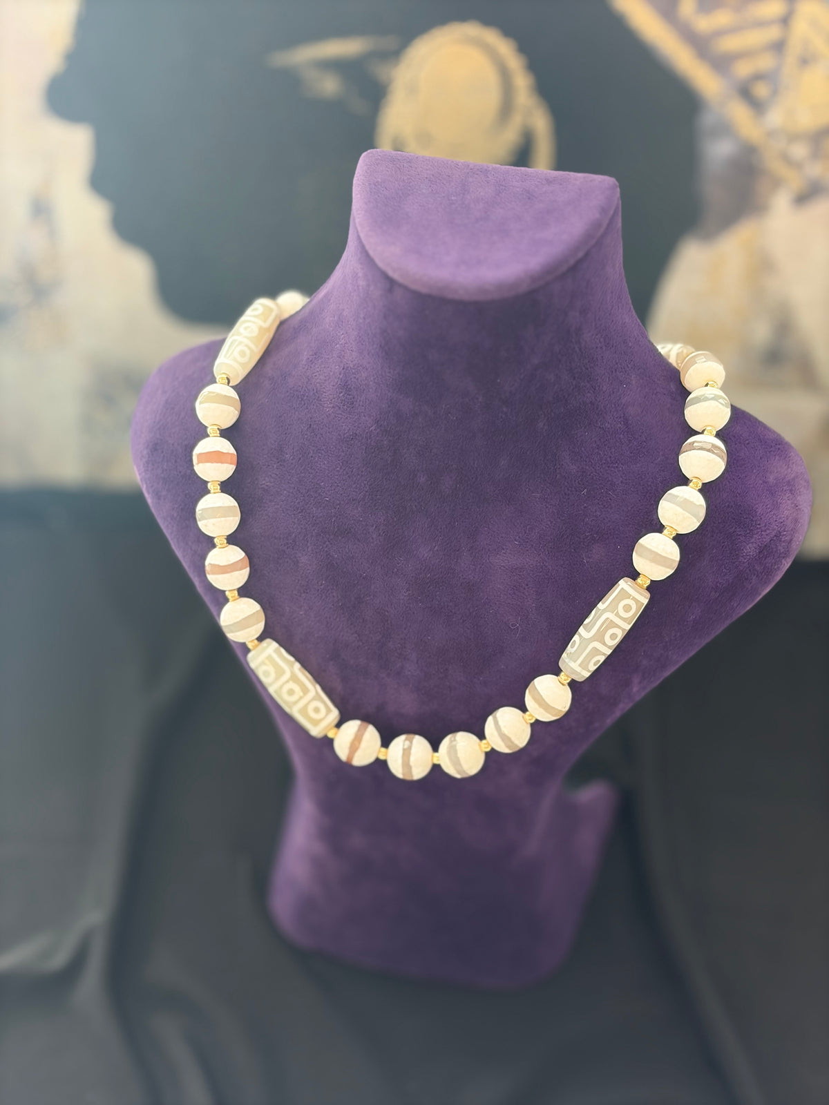 Bohemian Earth Dzi Bead Statement Necklace with Golden Accents