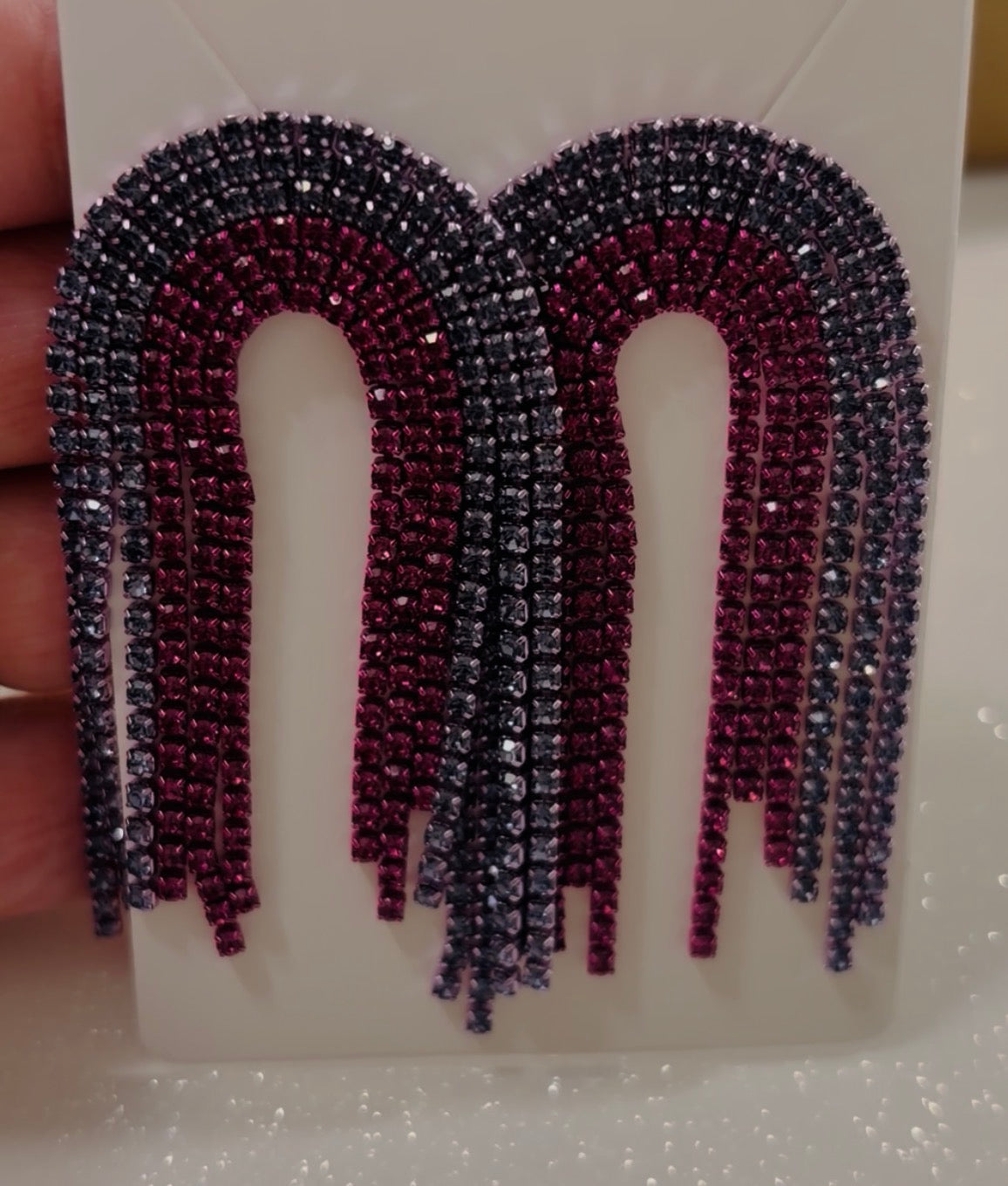 Midnight Berry Rhinestone Fringe Arch Earrings | Handcrafted Statement Jewelry