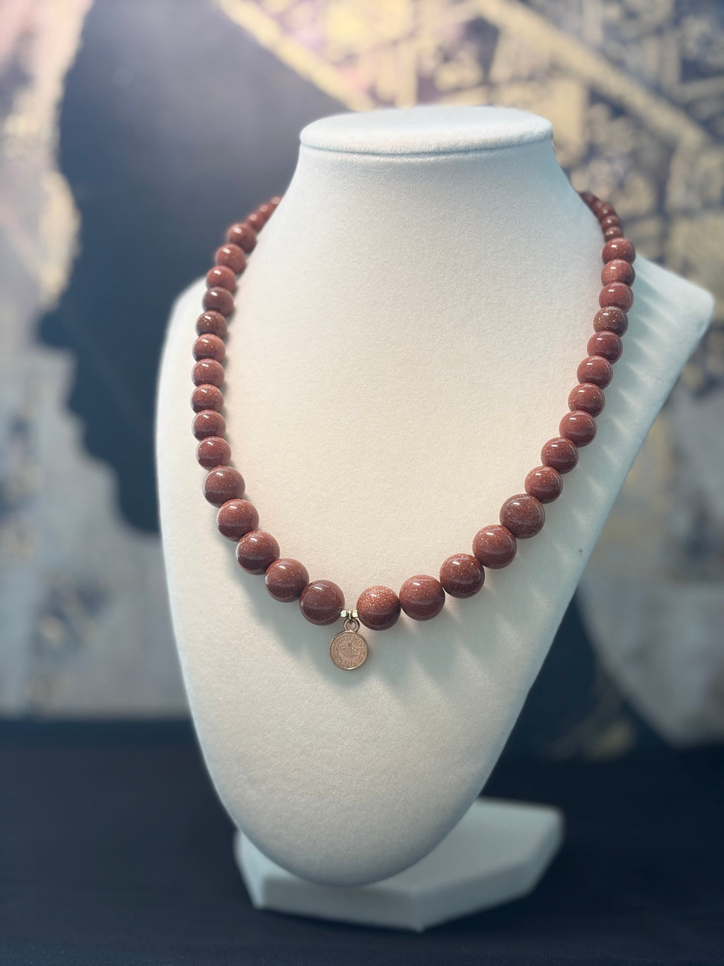 Handcrafted Goldstone & Gold Charm Necklace