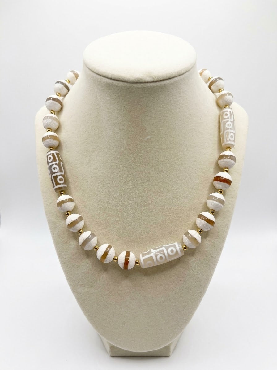 Bohemian Earth Dzi Bead Statement Necklace with Golden Accents