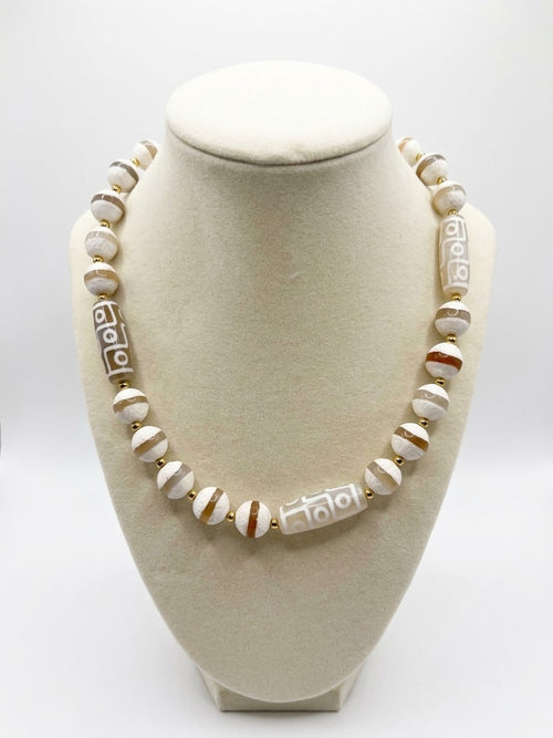 Bohemian Earth Dzi Bead Statement Necklace with Golden Accents