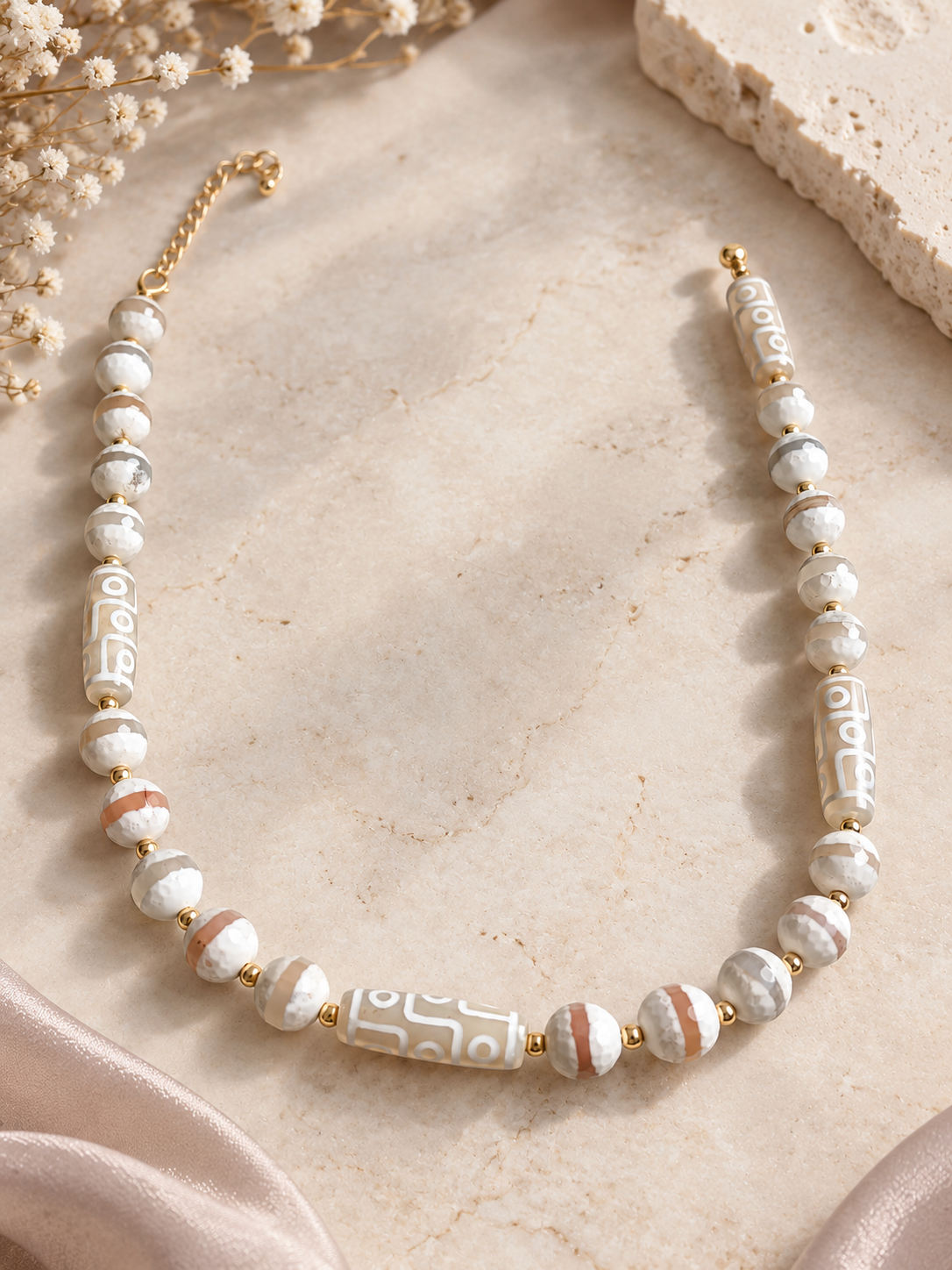 Bohemian Earth Dzi Bead Statement Necklace with Golden Accents