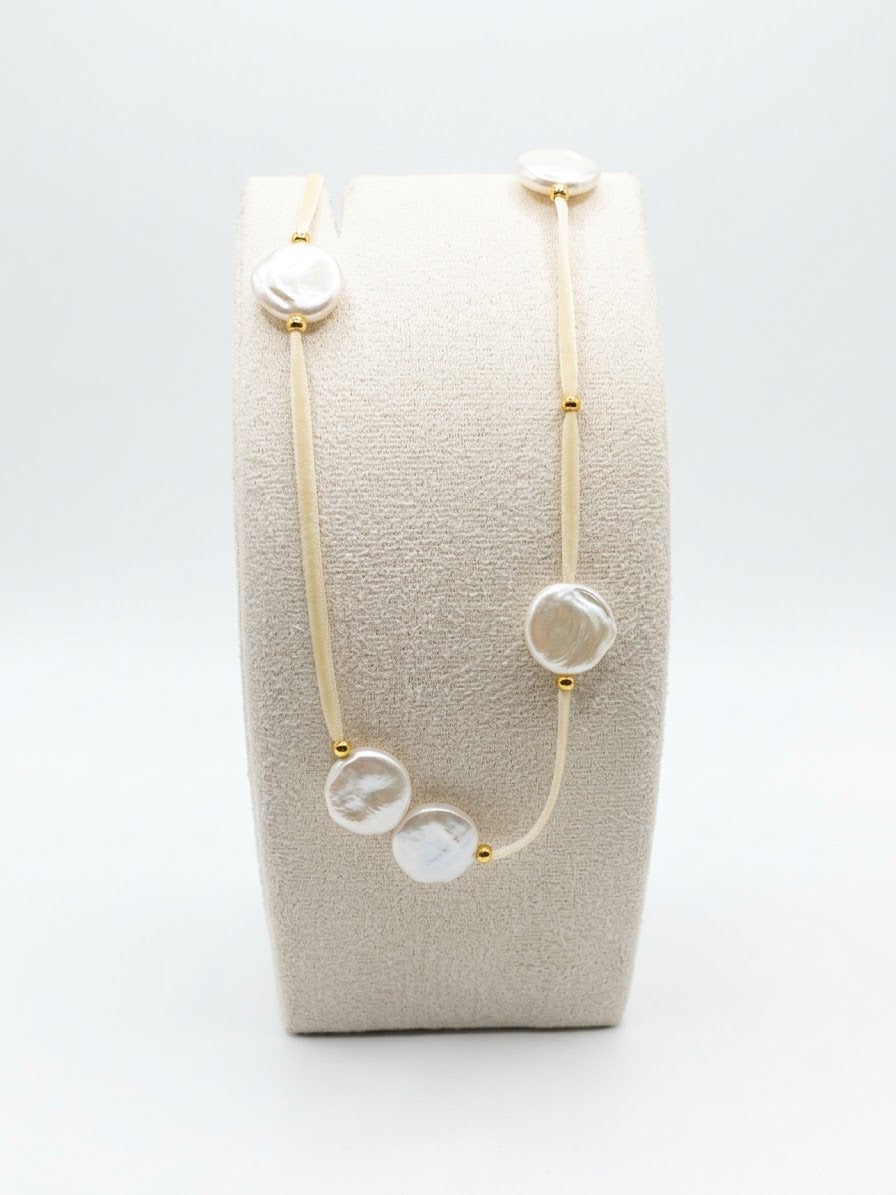 Luminous Coin Pearl Station Necklace on Cream Cord with Gold Accents