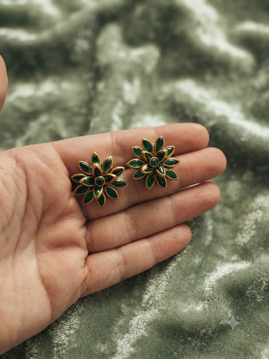 Gilded Emerald Kundan-Style Floral Stud Earrings