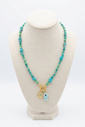 Turquoise Gemstone Beaded Charm Necklace with Gold Evil Eye & Fish Pendant