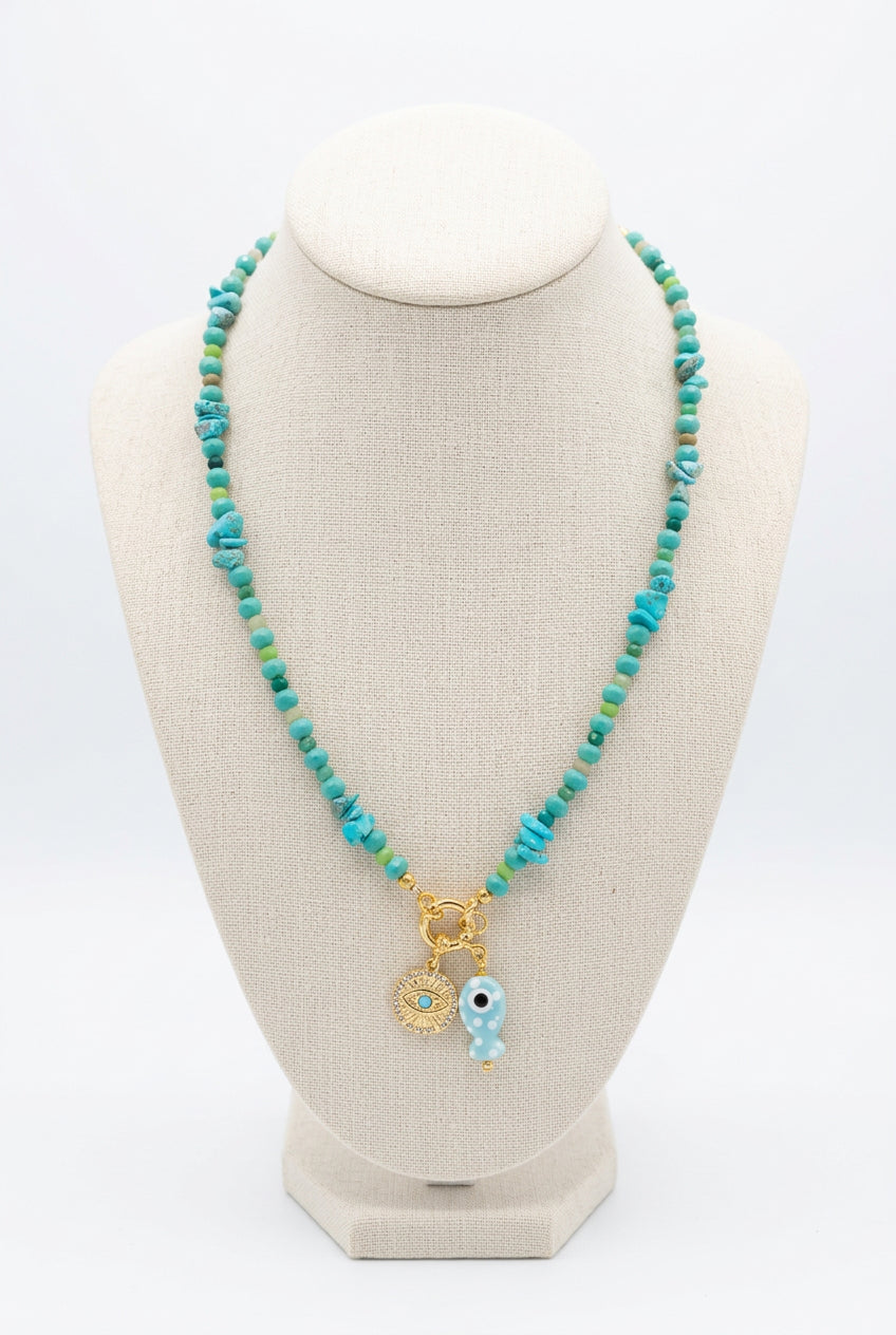 Turquoise Gemstone Beaded Charm Necklace with Gold Evil Eye & Fish Pendant