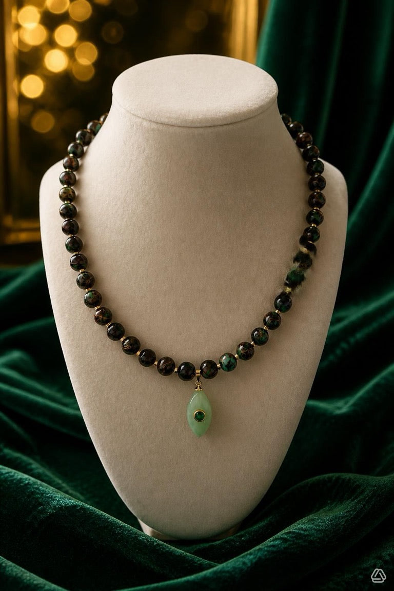 Natural Obsidian Jasper Strand with Light Green Marquise Charm