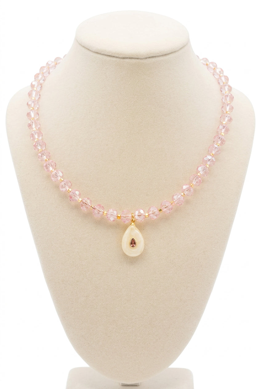 Rose Crystal Beaded Necklace with Cream Teardrop Pendant