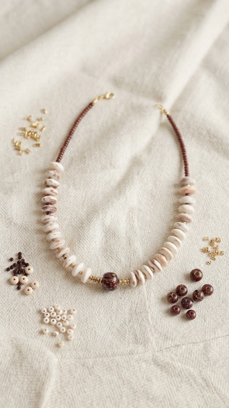 Artisan Earth Tone Disk Bead Necklace with Murano-Style Glass Focal