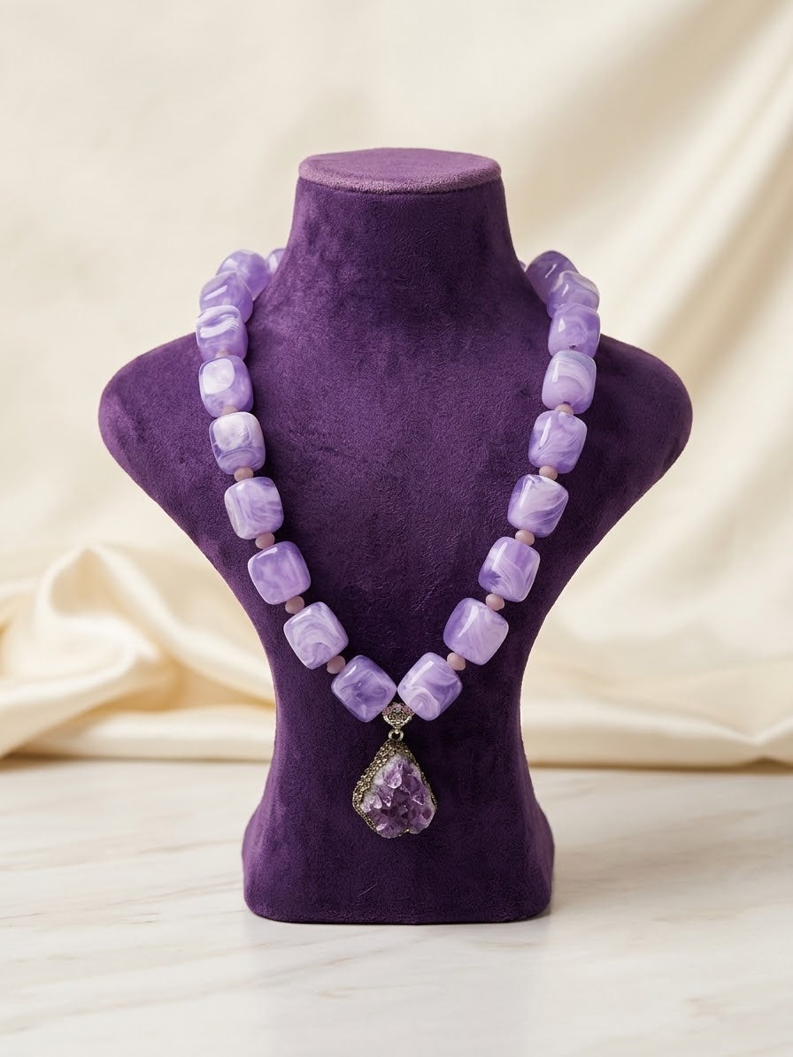 Royal Amethyst Statement Necklace with Swirled Purple Stone Beads