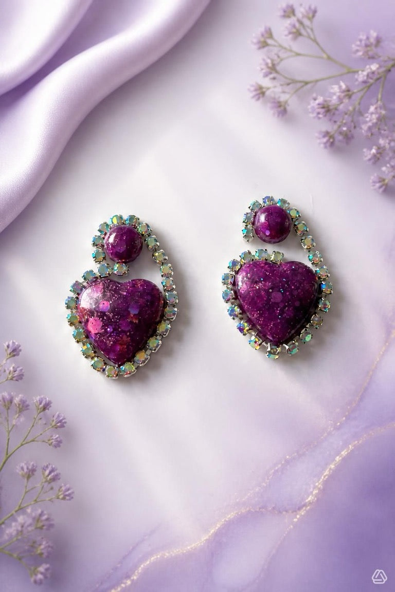 Sparkling Amethyst Heart Resin & Rhinestone Statement Earrings