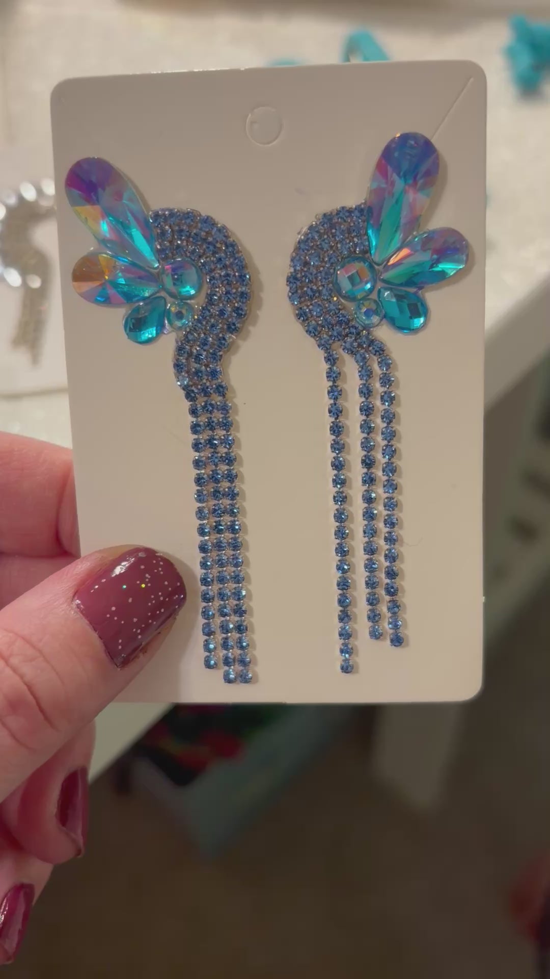 Iridescent Crystal Butterfly Wing & Blue Rhinestone Fringe Statement Earrings